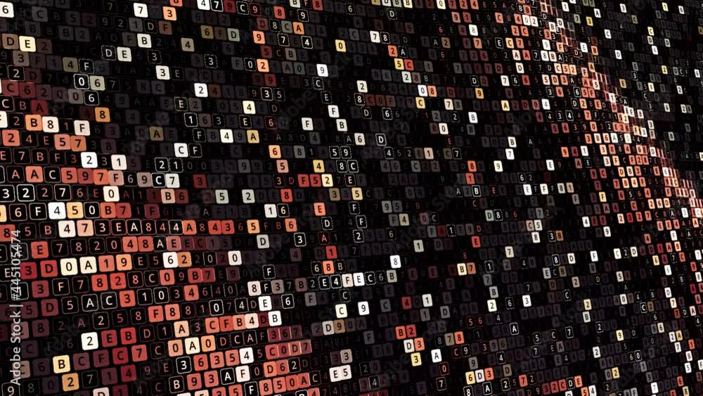 Poster abstract computer code animation on black background, seamless loop. animation. waving canvas of sma