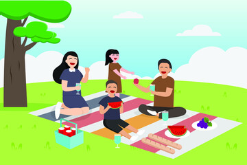 Quality time vector concept: Young parents and little children enjoying picnic together while eating fruits