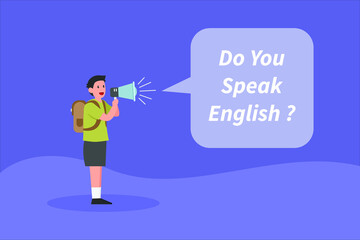 Learning english vector concept: Young student speaking english while using megaphone 