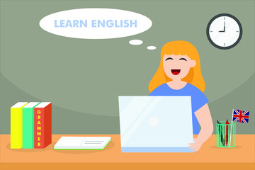 Learning english vector concept: College student learning english with laptop while sitting on the chair