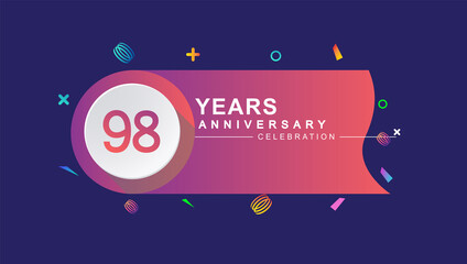 98th years anniversary celebration with colorful design, circle and ribbon isolated on dark background