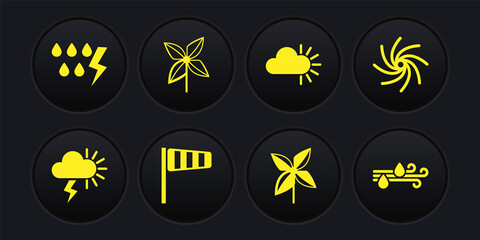 Set Storm, Tornado, Cone windsock wind vane, Pinwheel, Cloudy, Wind and rain and icon. Vector