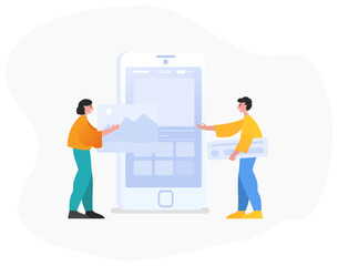 Obraz na płótnie Canvas Mobile app development process, team. Two people stand near big mobile phone. Modern vector illustration