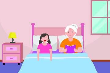 Reading book vector concept: Grandmother reads a book for her granddaughter on the bed 