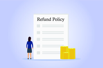 Refund policy vector isomatric. Businesswoman looking at refund policy with money