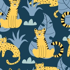 Seamless pattern with tigers, leopards, plants, decor elements. colorful vector for kids. hand drawing, flat style. baby design for fabric, print, textile, wrapper