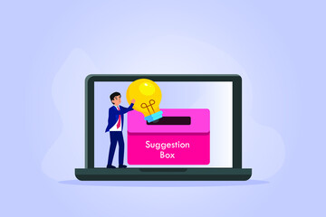 Suggestion vector concept. Businessman putting a light bulb into online suggestion box on the laptop computer