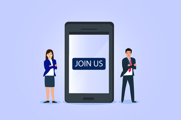 Join Us vector concept. Business team with Join Us text on the mobile phone screen