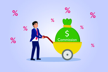 Commission vector concept. Businessman carrying a big commission bag on the cart with percentage symbol