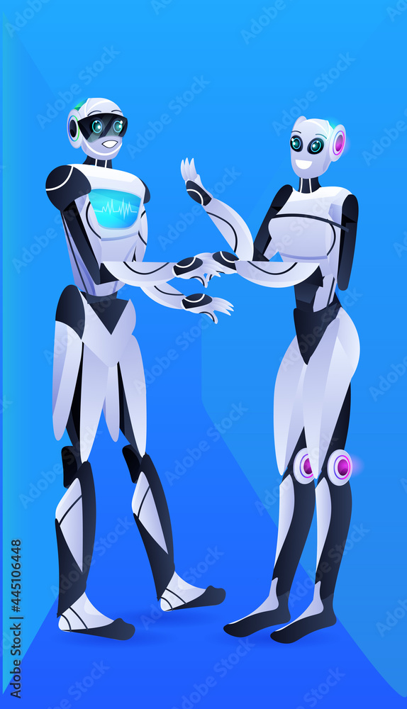 Aufkleber modern robotic characters shaking hands robots discussing during meeting partnership agreement artif