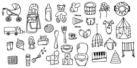 Vector set of icons for childcare. Doodle style