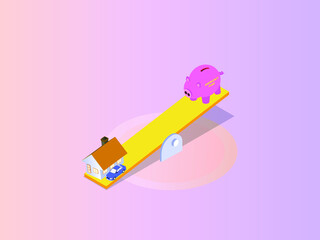 Emergency Fund isometric vector concept. Piggy bank for emergency fund on the scales with a house and car