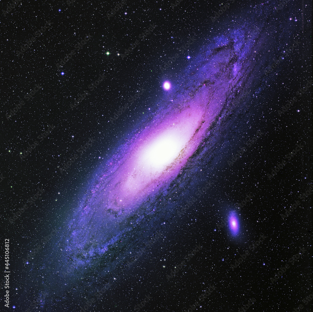 Wall mural aesthetic background with the andromeda nebula, bright stars, a galaxy with purple toning and a plac