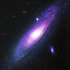 Aesthetic background with the Andromeda Nebula, bright stars, a galaxy with purple toning and a...