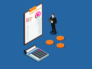 Budget Deficit isometric vector concept. Businessman with budget deficit report document and calculator