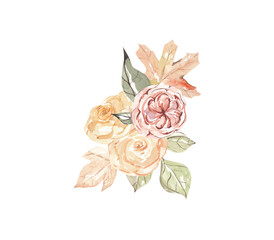 Watercolor boho autumn aesthetic illustration, fall peony roses composition 