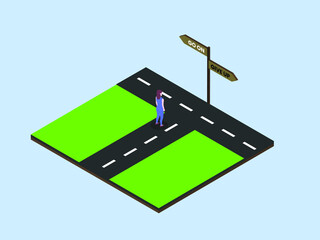 Never give up isometric vector concept. Businesswoman standing on the road and looking at signpost to choose give up or go on