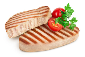 Tuna fish steak grilled isolated on white background with clipping path and full depth of field