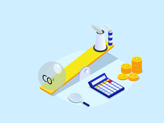 Carbon tax isometric vector concept. CO2 or carbon tax on the scales with factory chimney smokes and calculator