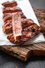 beef steak juicy meat grilled barbecue B-B-Q on the table, healthy meal snack copy space food background rustic top view 