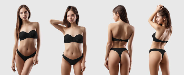 Mockup of stylish black bikini swimsuit on sexy girl with beautiful athletic body isolated on background in studio.