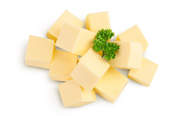 butter cubes isolated on white background with clipping path and full depth of field. Top view. Flat lay