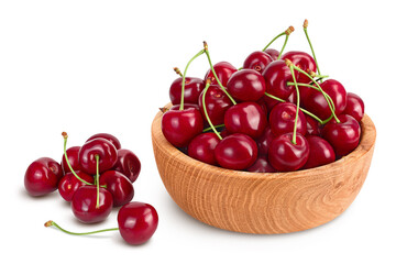 red sweet cherry in wooden bowl isolated on white background with clipping path and full depth of field