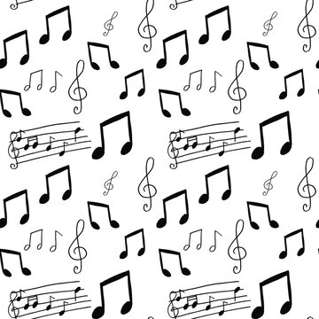 A pattern of musical symbols. Music notes, treble clef, musical symbols. For music.