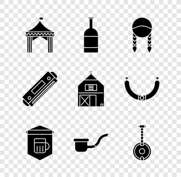 Set Camping tent, Beer bottle, Braid, Signboard with glass of beer, Smoking pipe, Banjo, Harmonica and Farm House icon. Vector