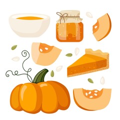 Gifts of autumn. Pumpkin spice seasonal flavored products. Pumpkin, pie, jam, cream soup in bowl. Food and drinks isolated. Fall season elements for scrapbook, card, poster, party invitation, sticker.
