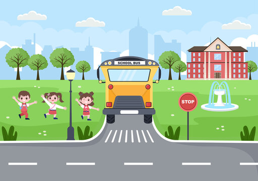 Back To School, Modern Building and Bus in the Front Yard With Some Children. Background Landing Page Illustration