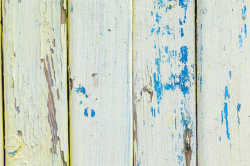 Wooden cracked background of an old white fence with blue paint beaches.