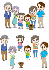 家族が三世代集まり立っているイラスト