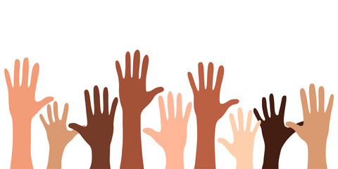 Diversity hands of different skin tones raised up. Flat vector illustration