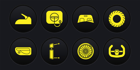 Set Car door handle, tire, Truck side mirror, wheel, windscreen, Oil filler cap at gas station, Sport steering and handbrake icon. Vector