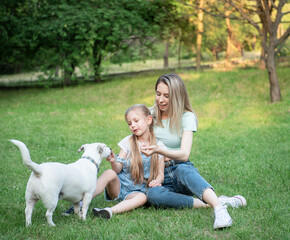 Fototapeta premium Woman and little girl playing with a dog