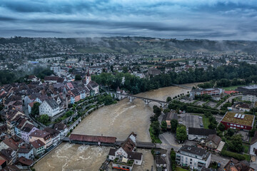 aerial view of a medieval swiss town  with river and bridge 