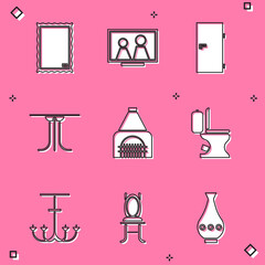 Set Picture, frame on table, Closed door, Round, Interior fireplace, Toilet bowl, Chandelier and Chair icon. Vector