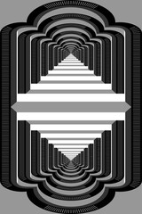 Obraz premium Abstract Black and White Geometric Pattern with Colonnade in Double Tunnel. Light and Shadow of Architectural Staircase. Optical Psychedelic Illusion. Raster. 3D Illustration