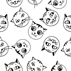 A pattern of three muzzles of seals on a white background.Vector seamless pattern in the doodle style.The cartoon animal pattern can be used in textiles, packaging, and notebook covers.