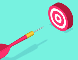 Red dart hit to center of dartboard. Arrow on bullseye in target. Business success, investment goal, marketing challenge, financial strategy, purpose achievement, focus ideas concept. 3d vector
