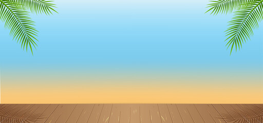 Summer background. Beach view with tropical leaves and wooden planks