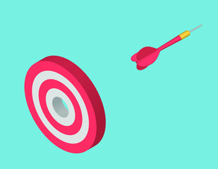 Red dart hit to center of dartboard. Arrow on bullseye in target. Business success, investment goal, marketing challenge, financial strategy, purpose achievement, focus ideas concept. 3d vector
