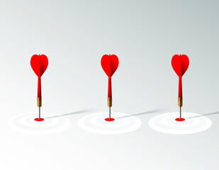 Red dart hit to center of dartboard. Arrow on bullseye in target. Business success, investment goal, marketing challenge, financial strategy, purpose achievement, focus ideas concept. 3d vector