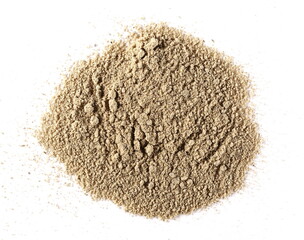 Sunflower flour pile isolated on white background, top view