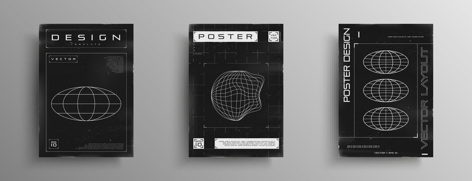 Set of retrofuturistic posters with HUD elements, laser grid, and wireframe liquid distorted planet, and ellipse planet. Black and white retro cyberpunk style poster cover design. Vector