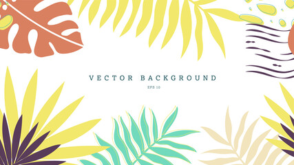 Fototapeta na wymiar Vector background with tropical colorful leaves of palm, monstera, eps 10.