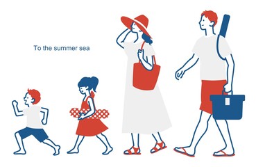 海水浴に行く家族のイラストカット  ベクター 夏 海