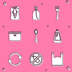 Set Stop ocean plastic pollution, Bottle of liquid soap, Disposable fork, Lunch box, spoon, dishwashing, Refresh and No bottle icon. Vector