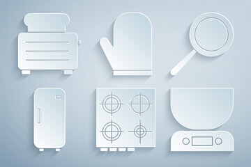 Set Gas stove, Frying pan, Refrigerator, Electronic scales, Oven glove and Toaster with toasts icon. Vector
